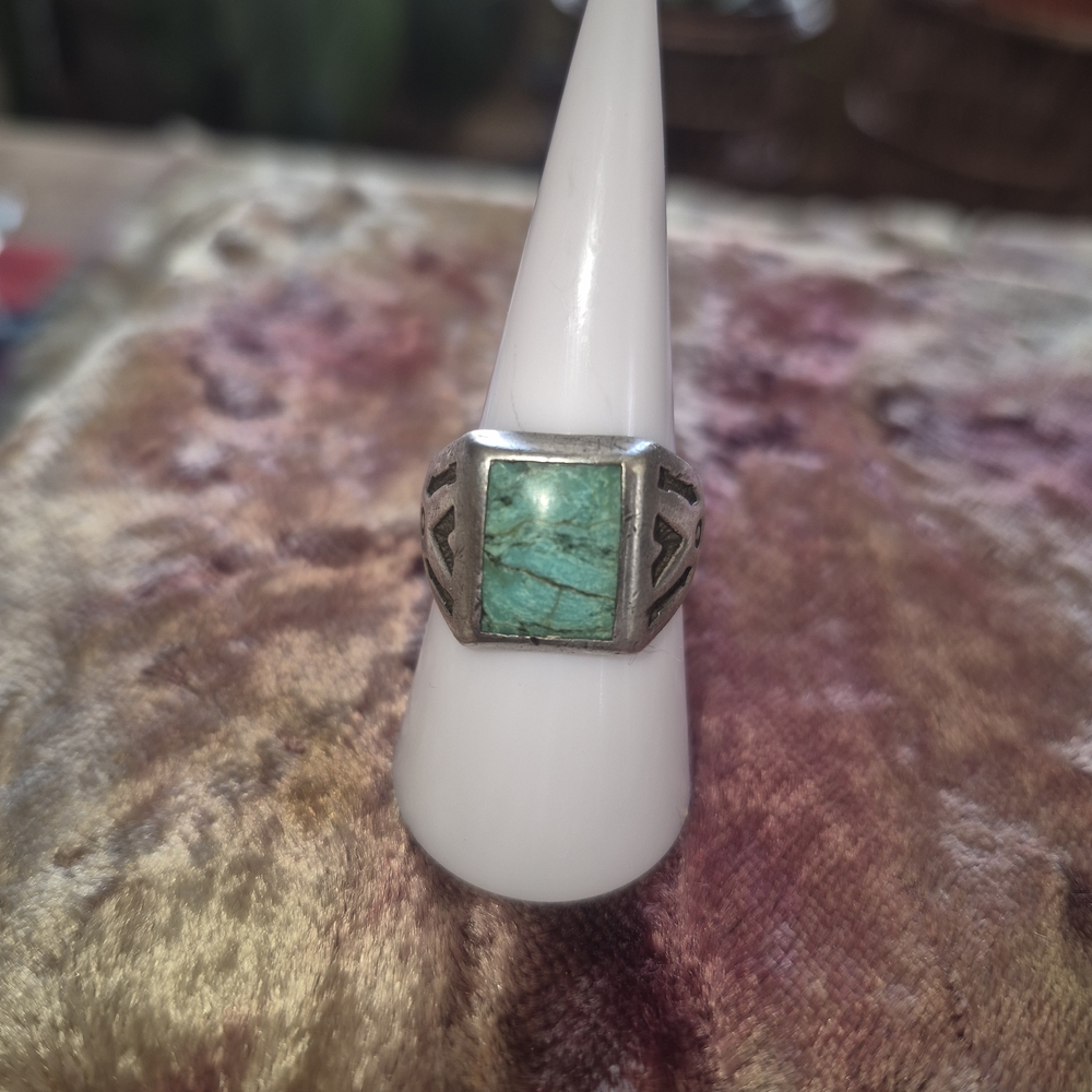 Sterling Silver Men's Turquoise Stone Ring - Green Turquoise